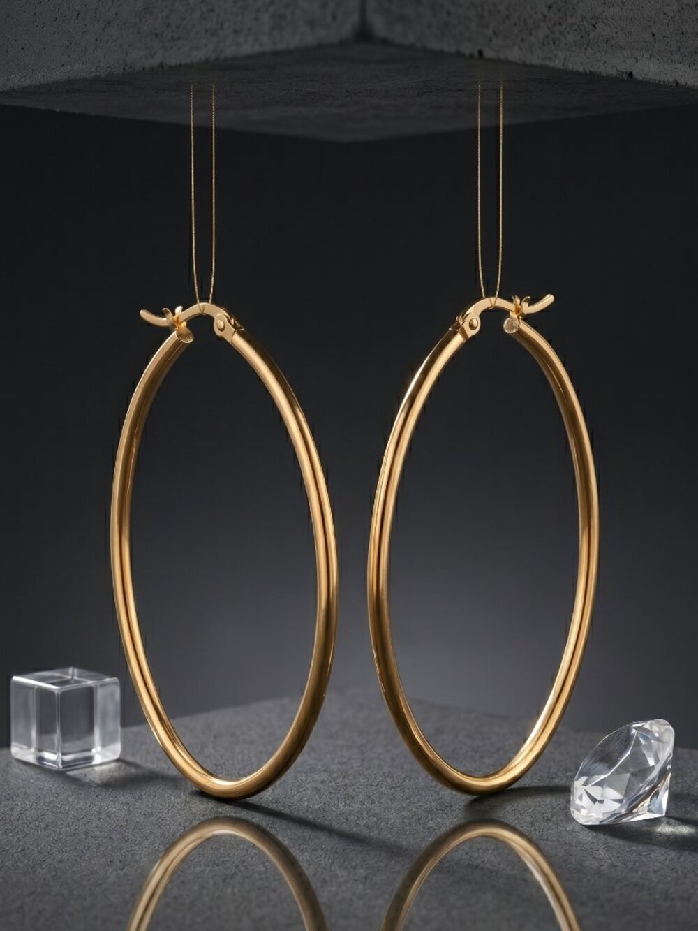 Gold Oval Hoop Earrings Large 18K Plated Stainless Steel Minimalist 2.25" - Picture 7 of 16